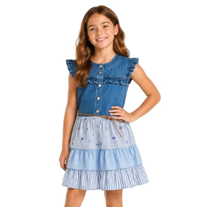 Mayoral - Big Girls Denim Sleeveless Dress Blue and White Stripes Skirt With Belt