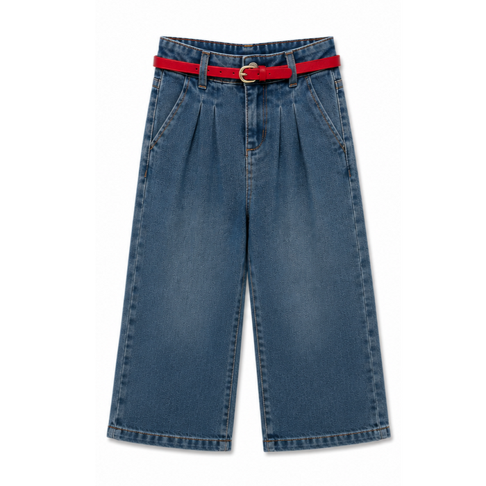 Mayoral - Little Girls Wide Denim Pants with Red Belt