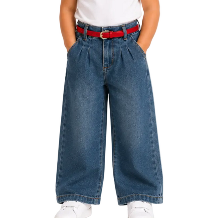 Mayoral - Little Girls Wide Denim Pants with Red Belt