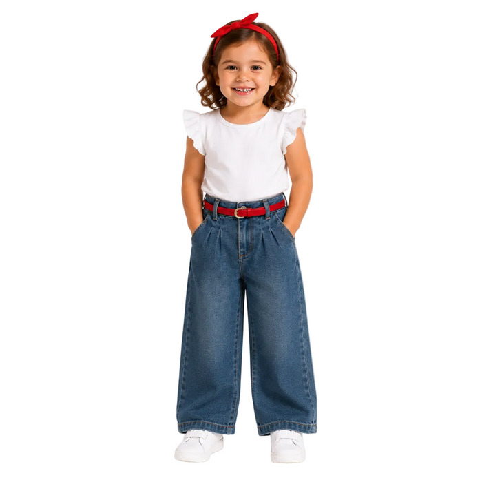 Mayoral - Little Girls Wide Denim Pants with Red Belt