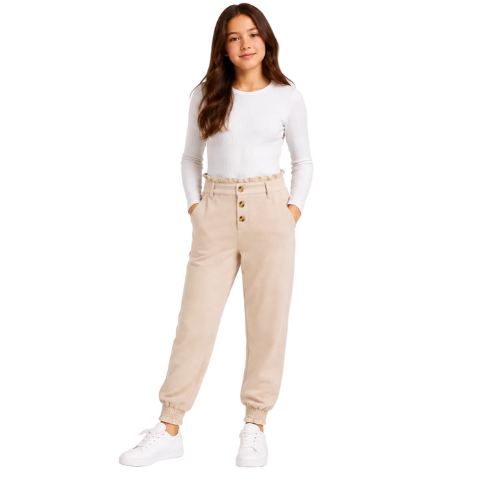 Mayoral - Big Girls High Waist Beige Pants with Three Button Design