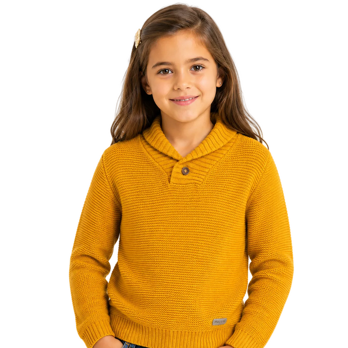 Mayoral - Little Girls Knitted Sweater Shawl Collar with Button Mustard