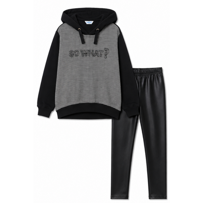 Mayoral - Big Girls Hoodie Jacket and Faux Leather Pants Set Black