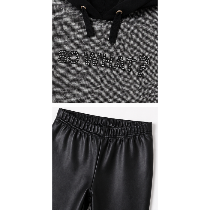 Mayoral - Big Girls Hoodie Jacket and Faux Leather Pants Set Black