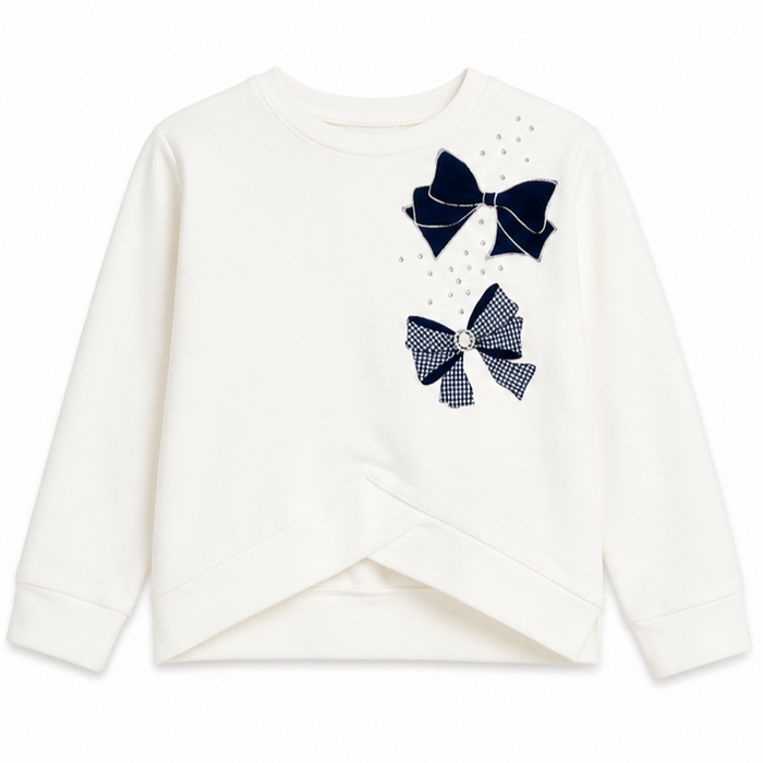 Mayoral - Little Girls White Long Sleeve Shirt Blue Ribbon Design