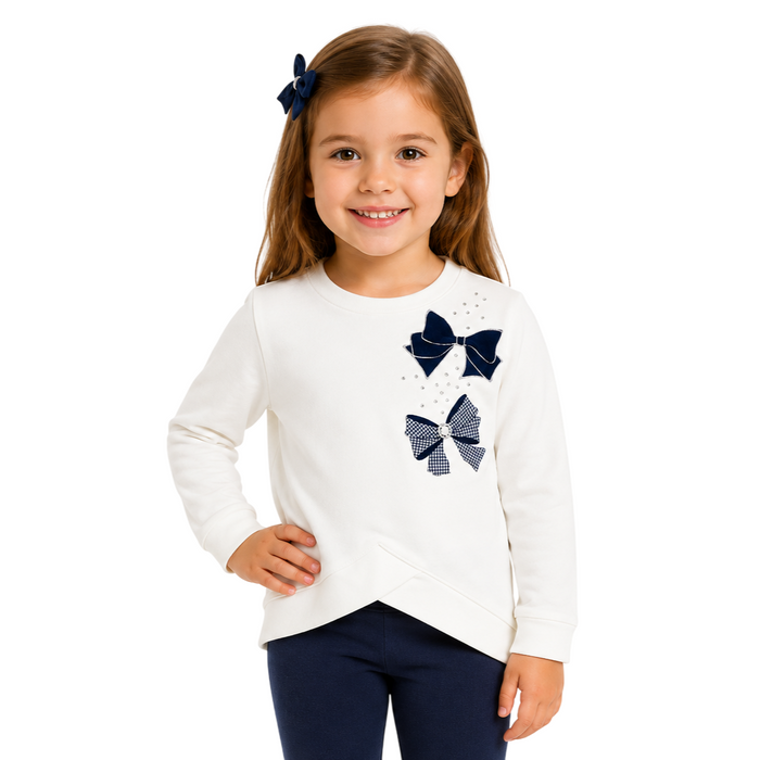 Mayoral - Little Girls White Long Sleeve Shirt Blue Ribbon Design