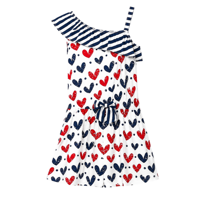 Mayoral - Big Girls White Sleeveless Ruffle Neckline Dress With Heart Design Blue/Red
