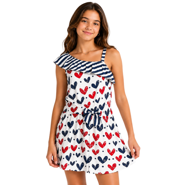 Mayoral - Big Girls White Sleeveless Ruffle Neckline Dress With Heart Design Blue/Red