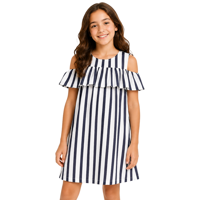 Mayoral - Big Girls Stipes Sleeveless Dress White/Navy Blue