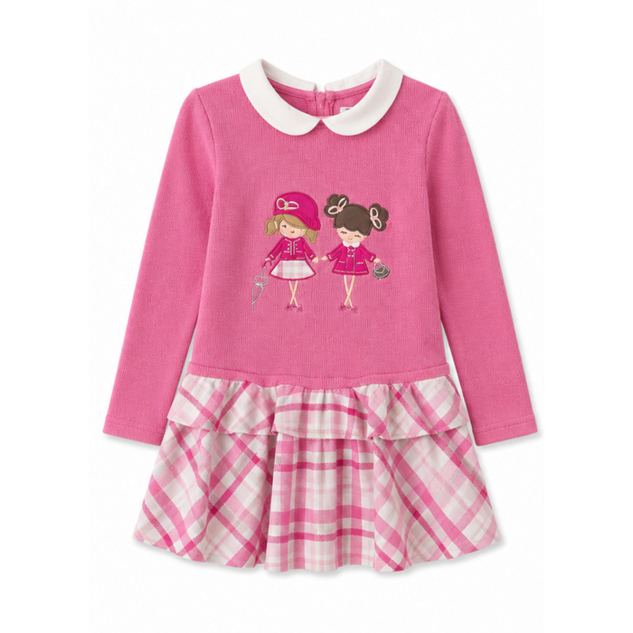 Mayoral - Little Girls Plaid Long Sleeve Knit Dress Pink and White