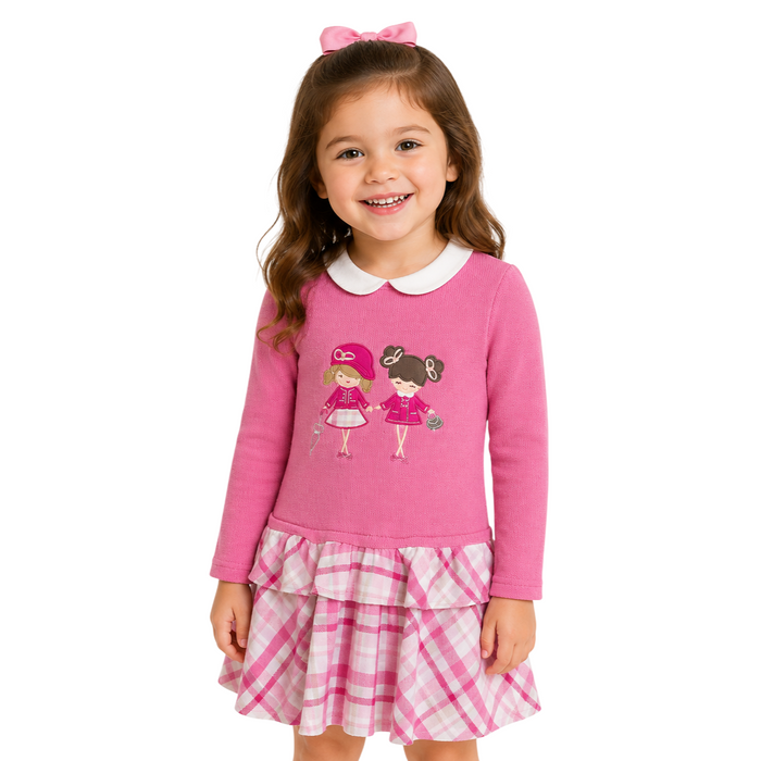 Mayoral - Little Girls Plaid Long Sleeve Knit Dress Pink and White