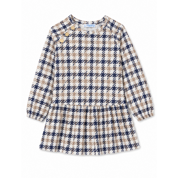 Mayoral - Little Girls Long Sleeve Dress Checkered Brown and Navy Blue