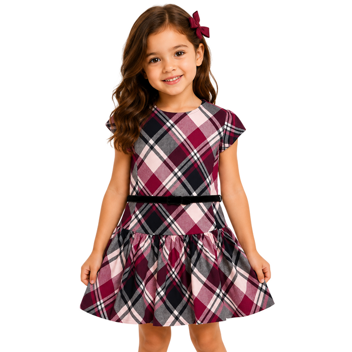 Mayoral - Little Girls Red Plaid Patterned Design with Velvet Belt Dress