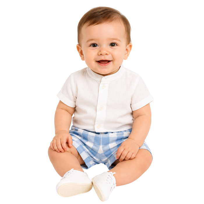 Mayoral - Little Boys 2-Pc Linen White Top and Stripes Blue and White Short