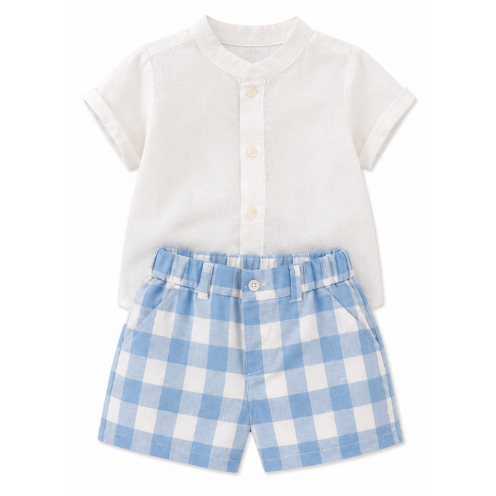 Mayoral - Little Boys 2-Pc Linen White Top and Stripes Blue and White Short
