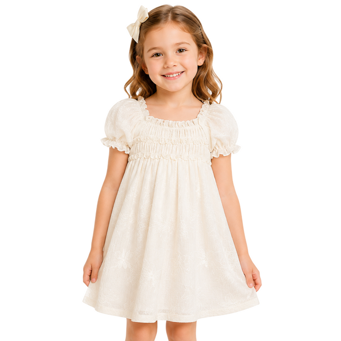 Mayoral - Little Girls Puff Dress Flower Embordered Design Cream Color