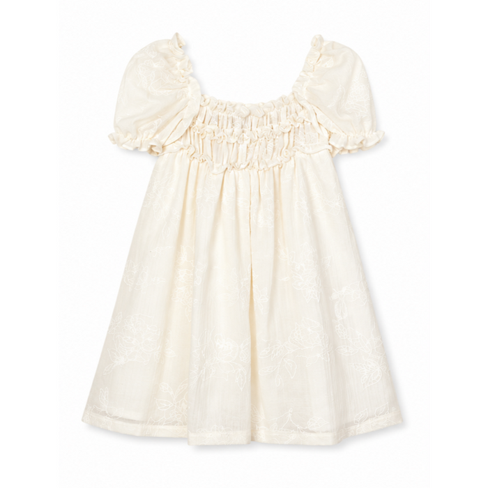 Mayoral - Little Girls Puff Dress Flower Embordered Design Cream Color