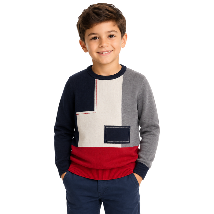 Mayoral - Little Boys Knit Sweater Blue/White/Gray/Red Pattern