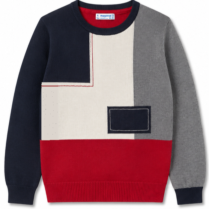 Mayoral - Little Boys Knit Sweater Blue/White/Gray/Red Pattern