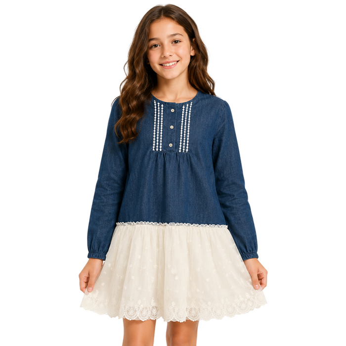 Mayoral - Big Girls Denim Long Sleeve With White Skirt