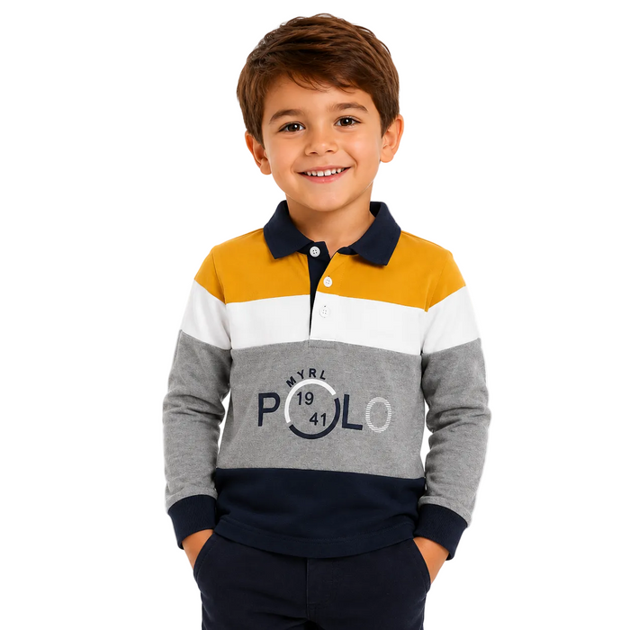 Mayoral - Little Boys Long Sleeve Polo Shirt Stripe Yellow/White/Grey/Navy