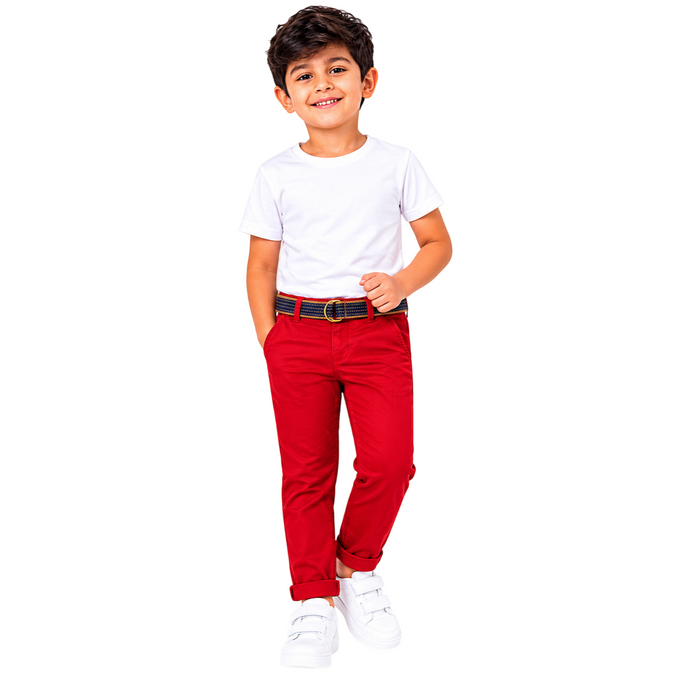 Mayoral - Little Boys Chino Pants Dark Red with Belt