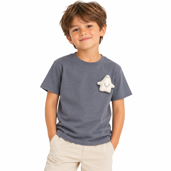 Mini V by Very - Little Boys Dark Grey Short Sleeve with Plush Patch