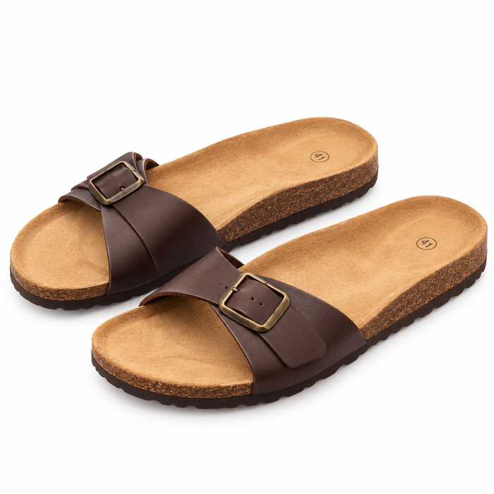 Single-Strap Brown Slide Sandals