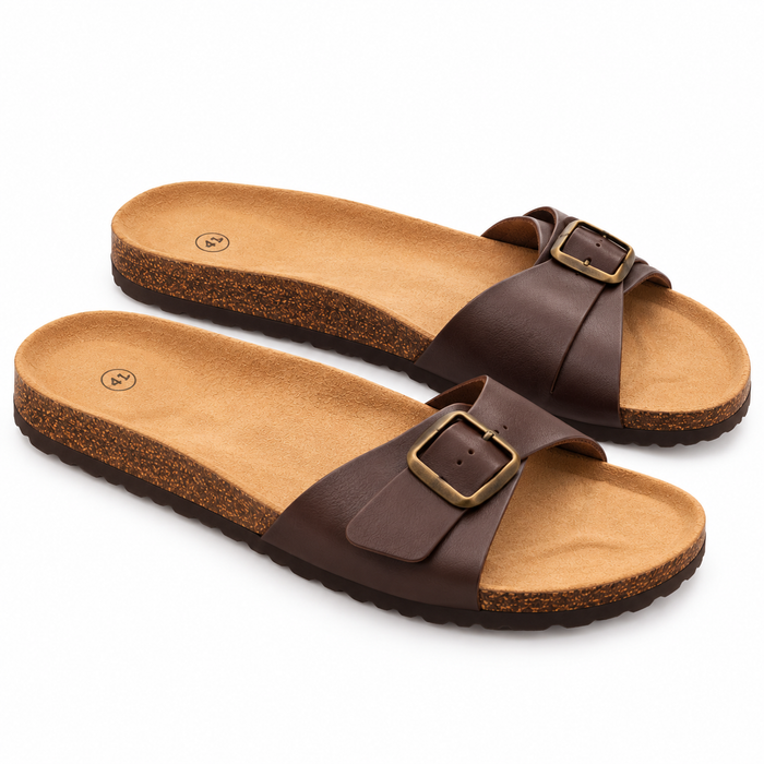 Single-Strap Brown Slide Sandals