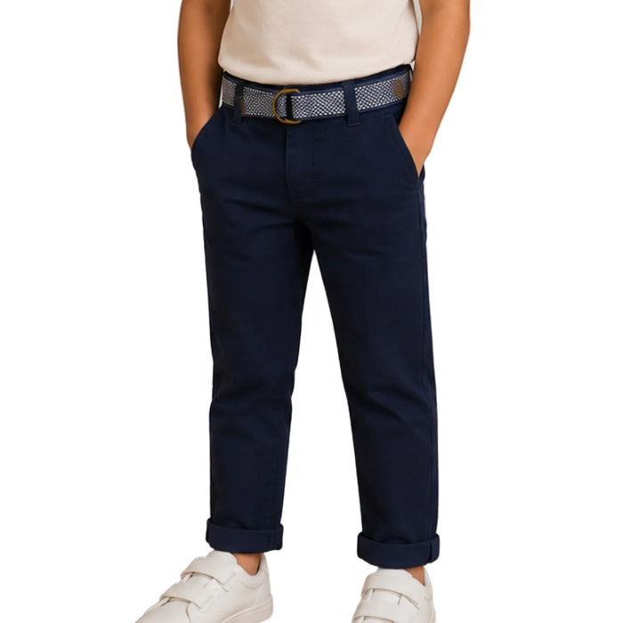 Mayoral - Little Boys Chino Navy Blue with Belt White Design