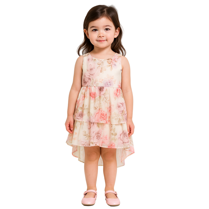 Rare Editions - Little Girls Illusion back Floral Hi-Low Taupe Dress