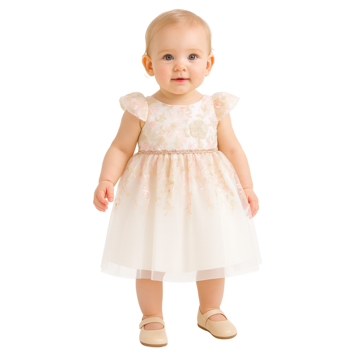 Rare Editions - Baby Girls Floral Embroidered Mesh Party Dress Ivory