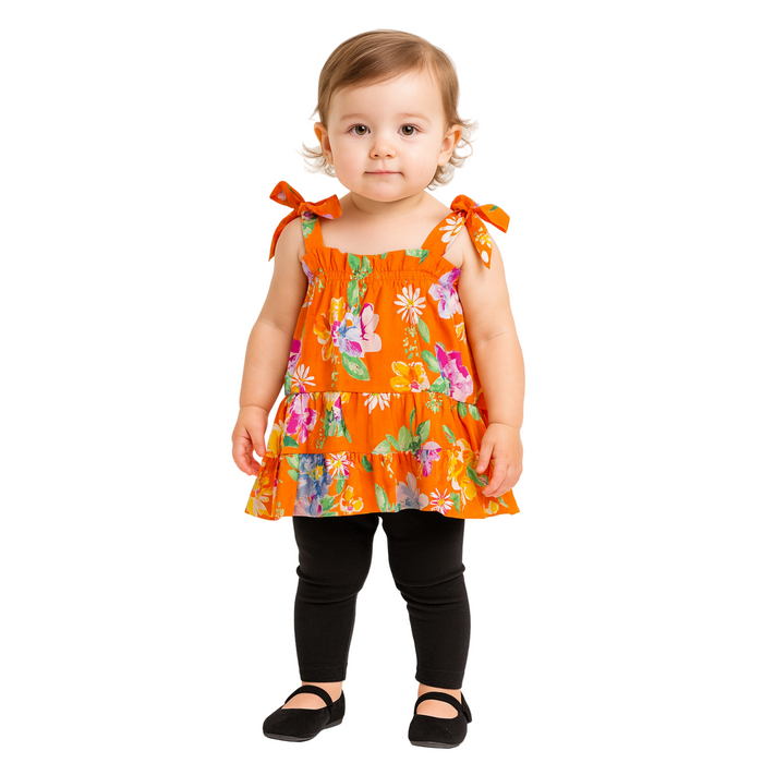 Rare Editions - Little Girls Floral Tiered Dress Orange