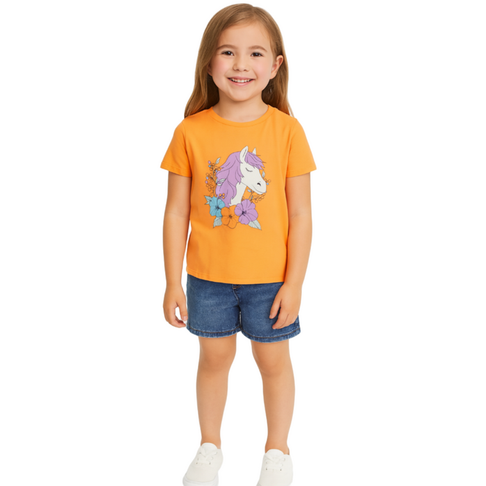 Name It - Kids Short Sleeve Top Horse and Flower Design Mock Orange