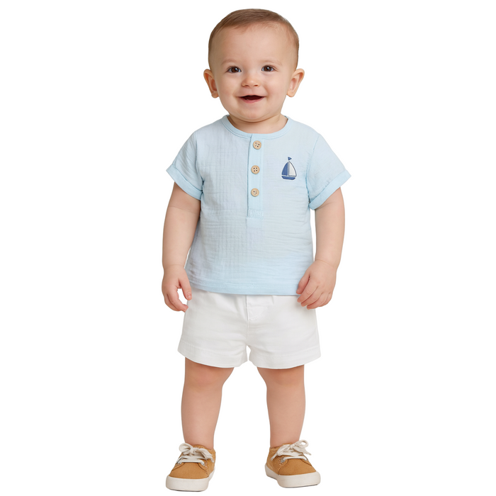 Little Me - Toddler Boys Sailboat Gauze Pastel Blue (12M)