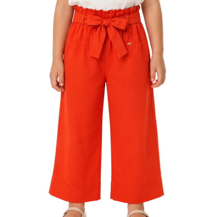Mayoral - Little Girls Loose Linen Pants with Ribbon Belt Red Orange