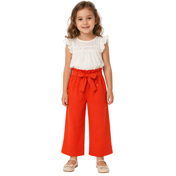 Mayoral - Little Girls Loose Linen Pants with Ribbon Belt Red Orange