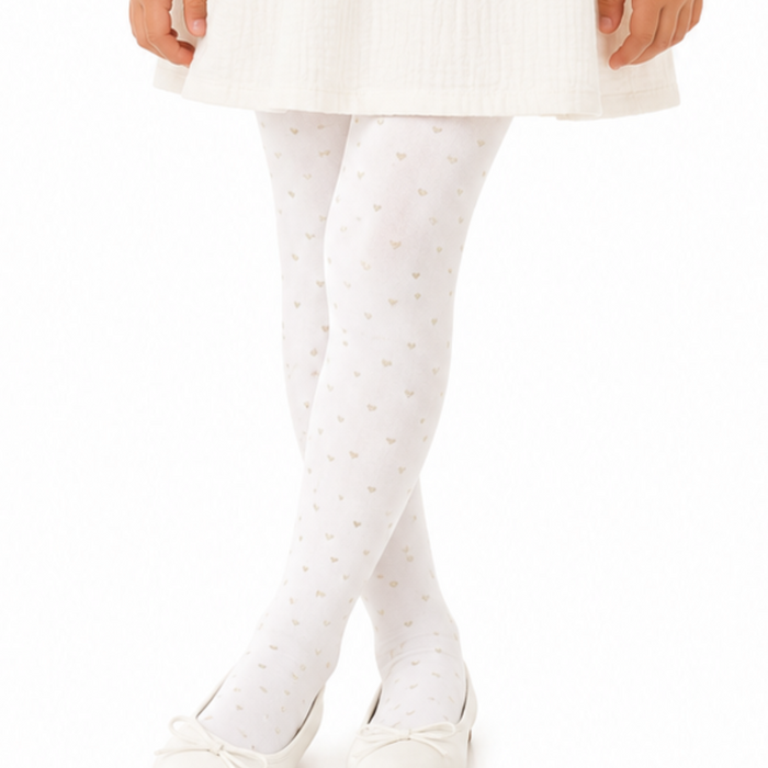 Mayoral - Little Girl Cream Color Tights with Metallic Heart Design