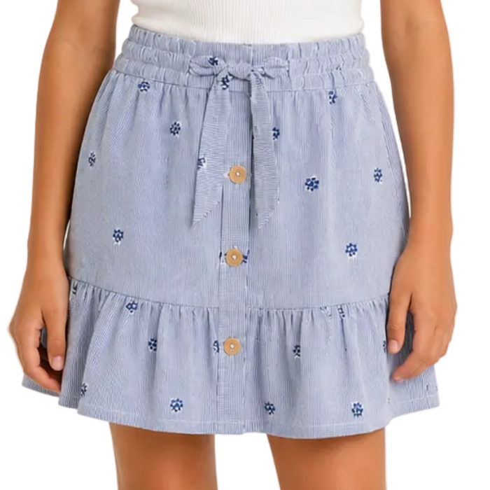 Mayoral - Big Girls Blue and White Striped Ruffled Skirt