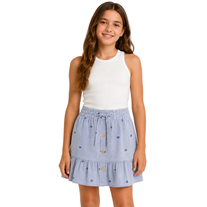 Mayoral - Big Girls Blue and White Striped Ruffled Skirt