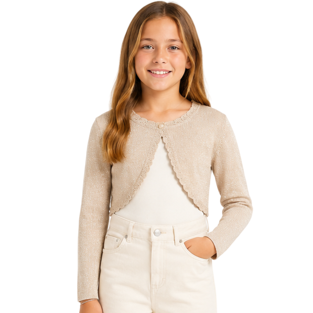 Mayoral - Little Girls Cropped Metallic Beige Cardigan