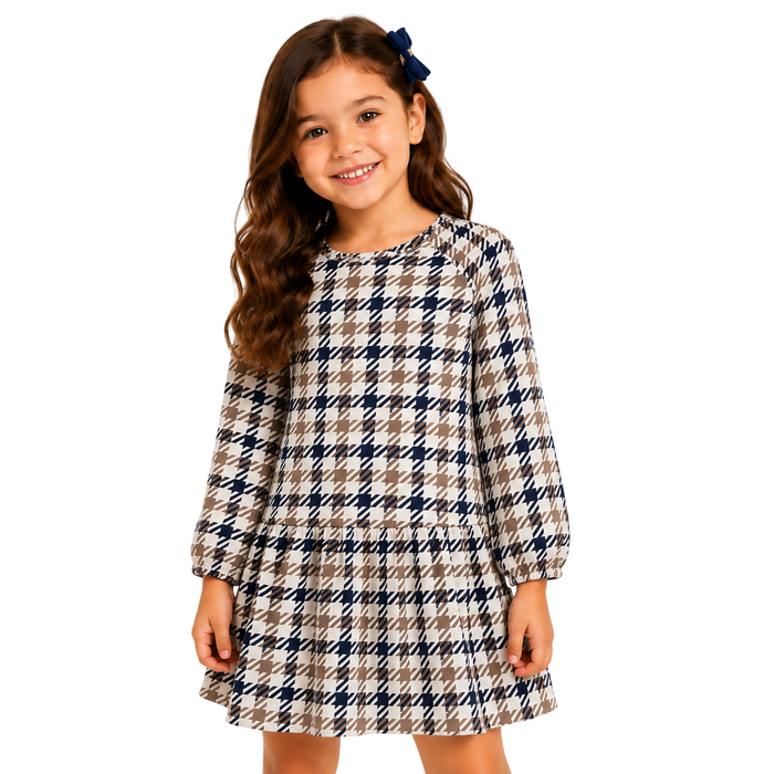 Mayoral - Little Girls Long Sleeve Dress Checkered Brown and Navy Blue