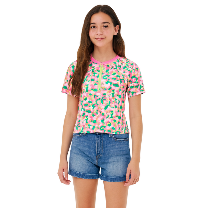 ID Ideology - Big Girls Rash Guard Top Blurred Floral Cerise Pink Extra Large (16)