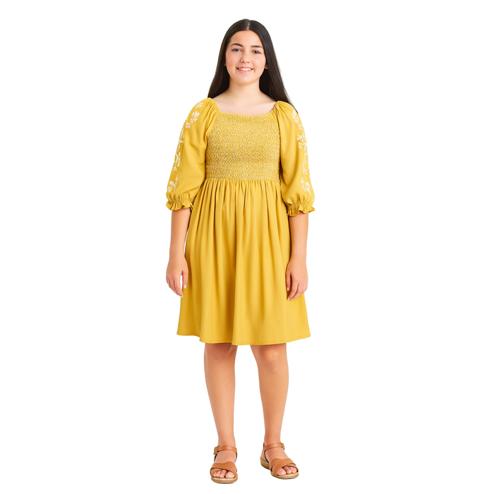 Speechless - Big Girls Smocked Floral-Embroidered Dress Golden Yellow (16)