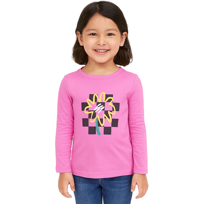 Epic Threads - Little Girls Checker Flower Long Sleeve Shirt Pop Pink Extra Small (5-6)