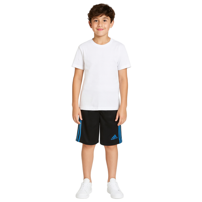 Adidas - Big Boys Elastic Waist 3-Strip Shorts Black/Blue Medium (10-12)