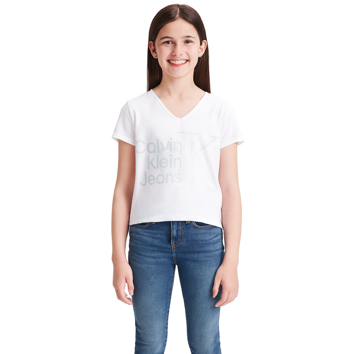Calvin Klein - Big Girls Hybrid Monogram Cotton T-shirt White Large (12-14)