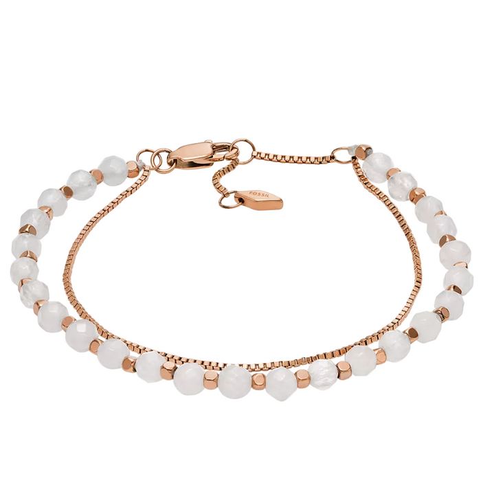 Fossil Women's All Stacked Up Rose Quartz Chain Beaded Bracelet