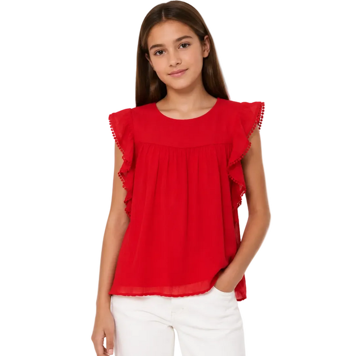 Mayoral - Big Girls Short Flutter Sleeves Red Top