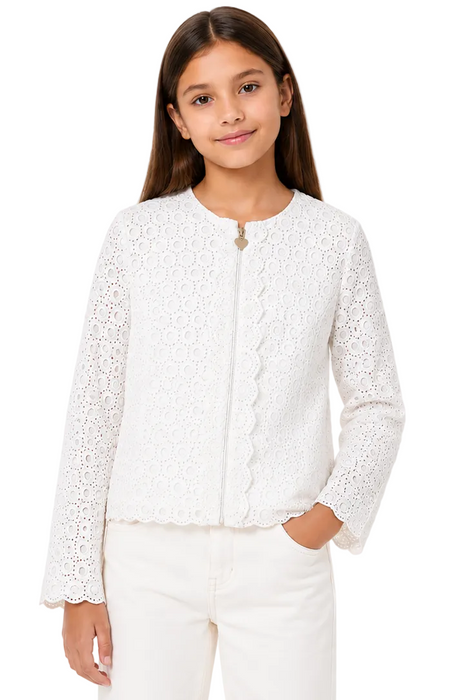 Mayoral - Big Girls Zipper Long Sleeve Embroidered White Top
